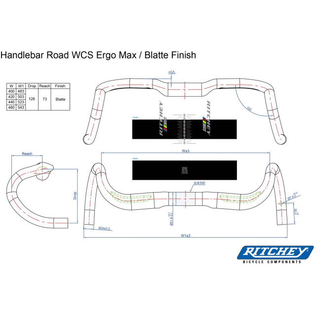 Ritchey Road Lenker WCS Ergomax 42cm (c-c oben), blatte black, 31.8mm Di2 internal routing